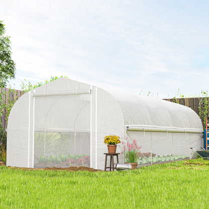 19.5' x 10' x 6.6' Tunnel Greenhouse Outdoor Green House with Roll-up Mesh Sidewalls, Mesh Door, Galvanized Steel, Wind Resistant, White