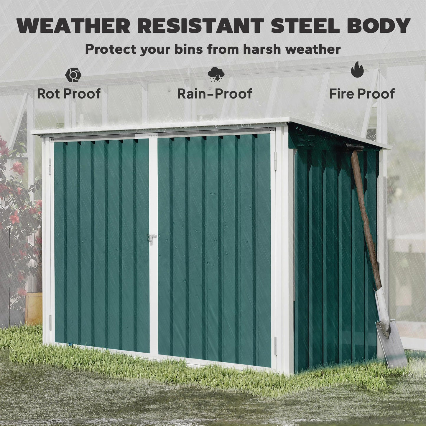 Outdoor Steel Wheelie Trash Can, Storage Shed With Double Door & Lid Rubbish Cover for 2 Trash Cans
