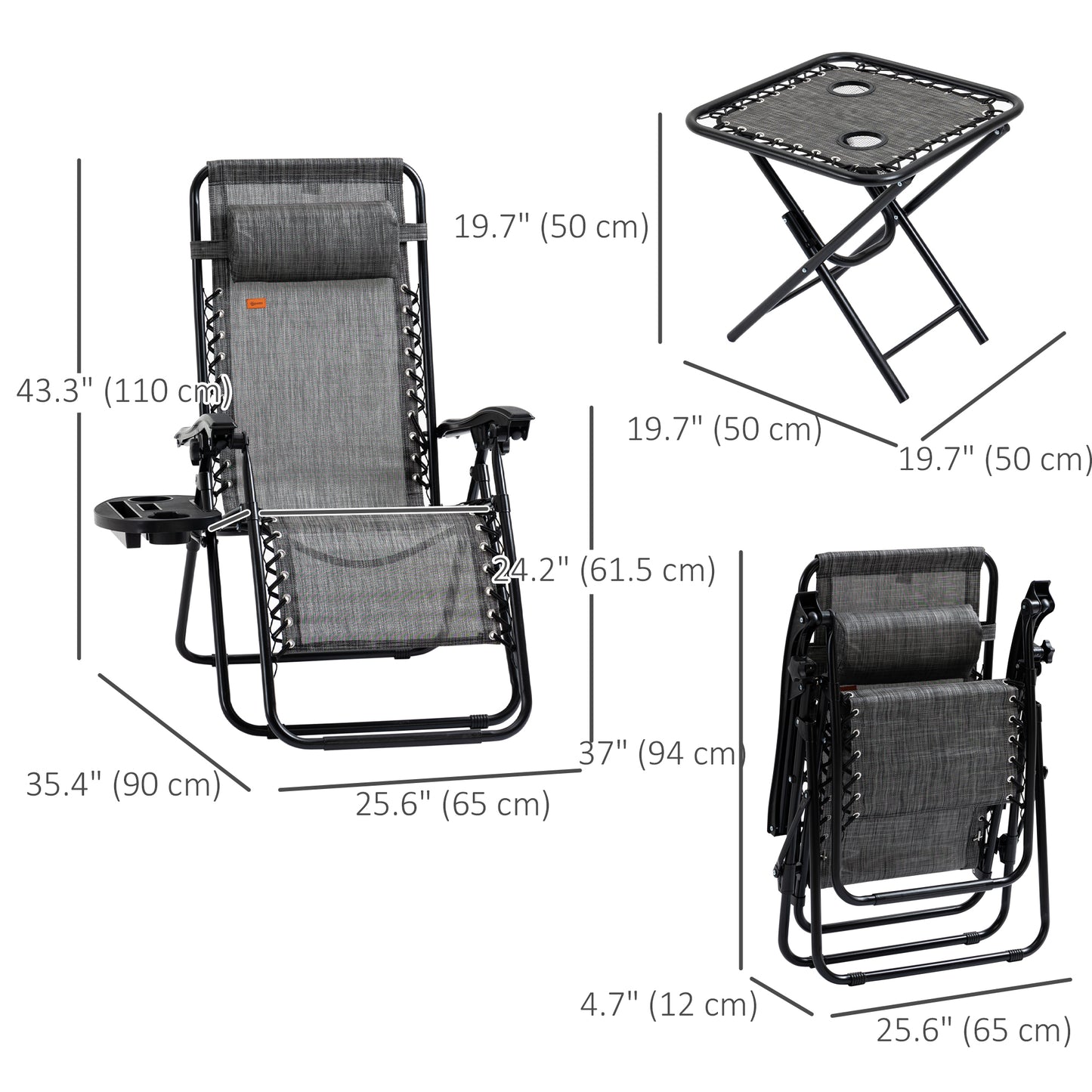 Zero Gravity Chair Set of 2 Patio Chair with Side Table Cupholders and Pillows for Pool, Backyard, Lawn, Beach, Grey
