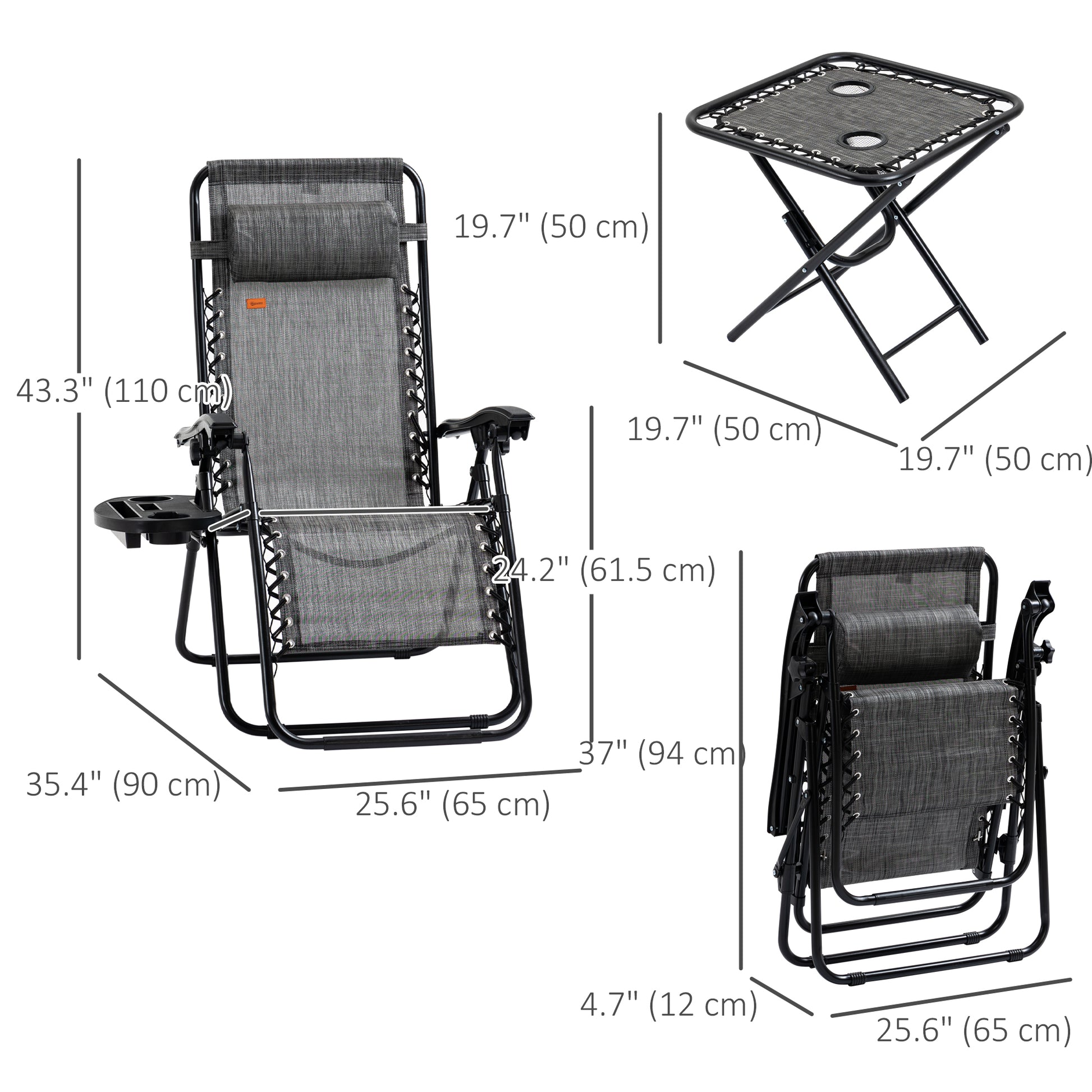 Zero Gravity Chair Set of 2 Patio Chair with Side Table Cupholders and Pillows for Pool, Backyard, Lawn, Beach, Grey