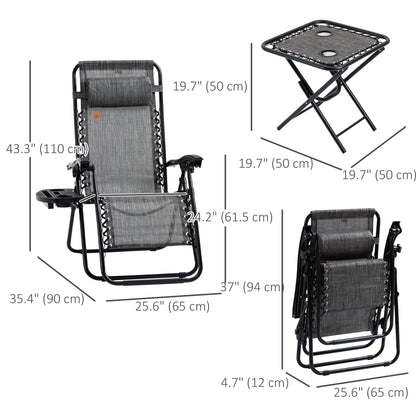 Zero Gravity Chair Set of 2 Patio Chair with Side Table Cupholders and Pillows for Pool, Backyard, Lawn, Beach, Grey