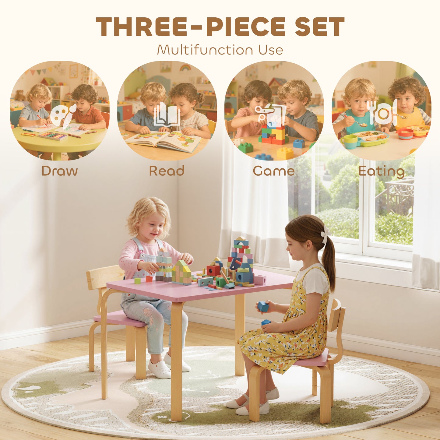 Qaba Kids Table and 2 Chair Set, Children Multi-Activity Furniture Set for Playing, Learning, Eating, Craft, Pink