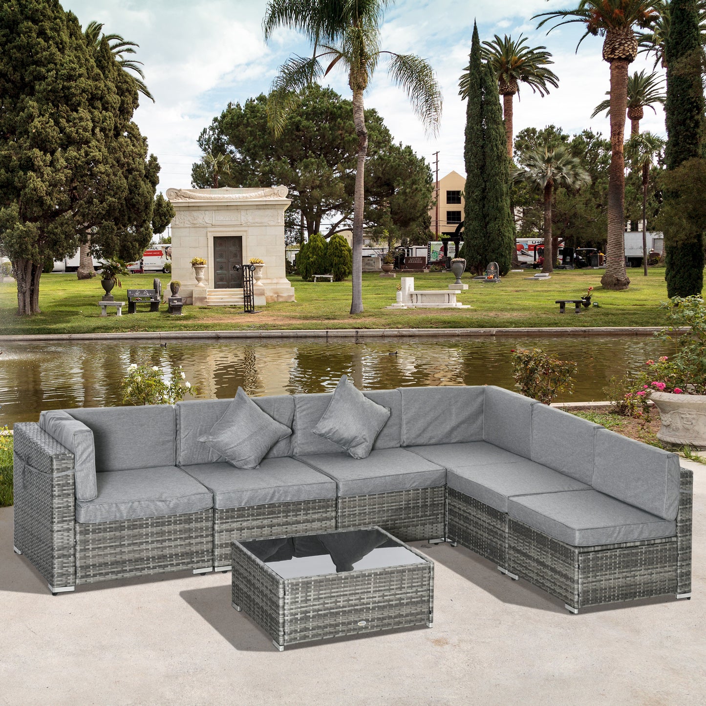 7pc Garden Wicker Sectional Set with Tea Table Patio Rattan Lounge Sofa Outdoor Deck Furniture Light Grey