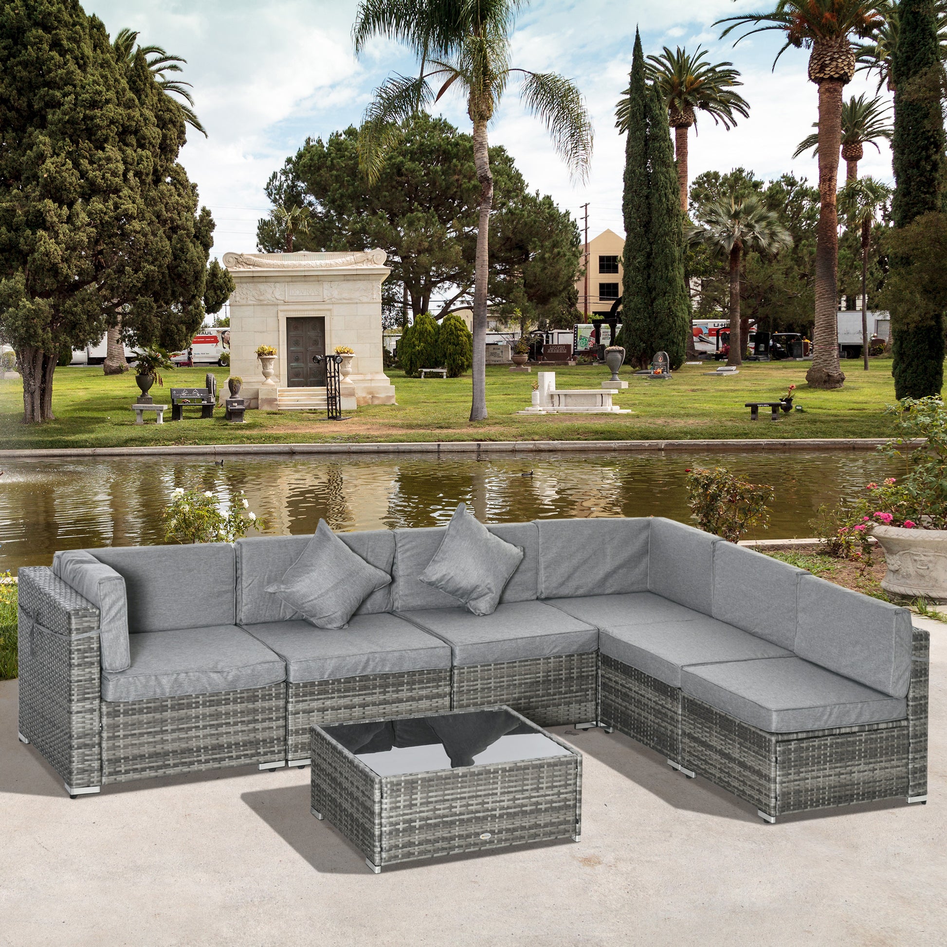 7pc Garden Wicker Sectional Set with Tea Table Patio Rattan Lounge Sofa Outdoor Deck Furniture Light Grey