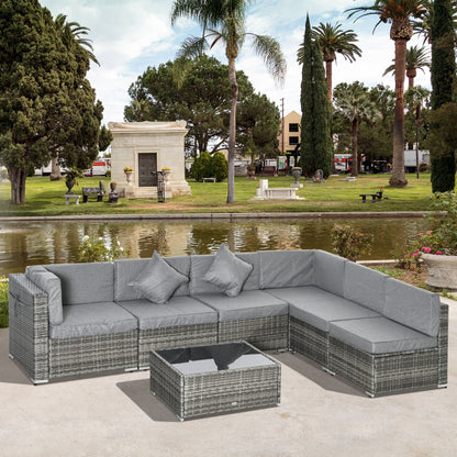 7pc Garden Wicker Sectional Set with Tea Table Patio Rattan Lounge Sofa Outdoor Deck Furniture Light Grey