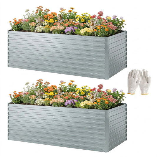 Set of 2 Galvanised Raised Garden Bed, 6 x 3 x 2 ft Metal Garden Bed with Safe Edging, Silver