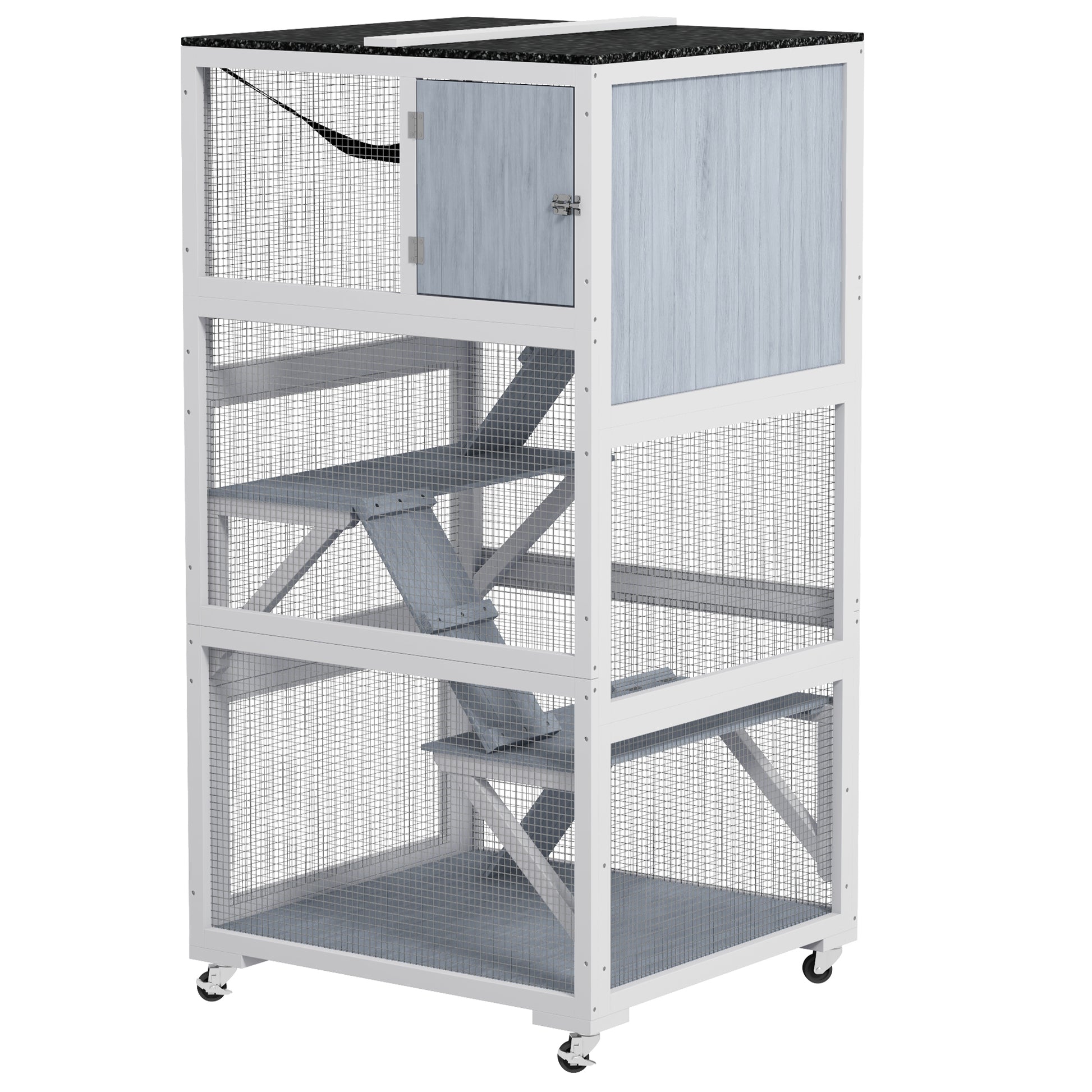 34" L Catio Outdoor Cat Enclosure on Wheels with Hammock Multiple Platforms Resting Condo Ramps for 1-3 Cats, Light Grey