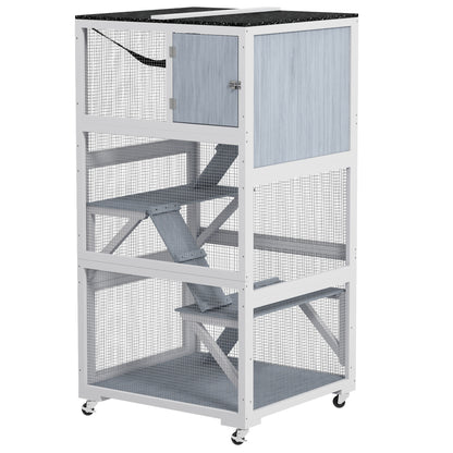 34" L Catio Outdoor Cat Enclosure on Wheels with Hammock Multiple Platforms Resting Condo Ramps for 1-3 Cats, Light Grey