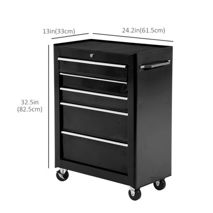 5-Drawer Rolling Tool Cabinet on Wheels, Lockable Tool Chest, Tool Organizer for Garage, Factory and Workshop, Black