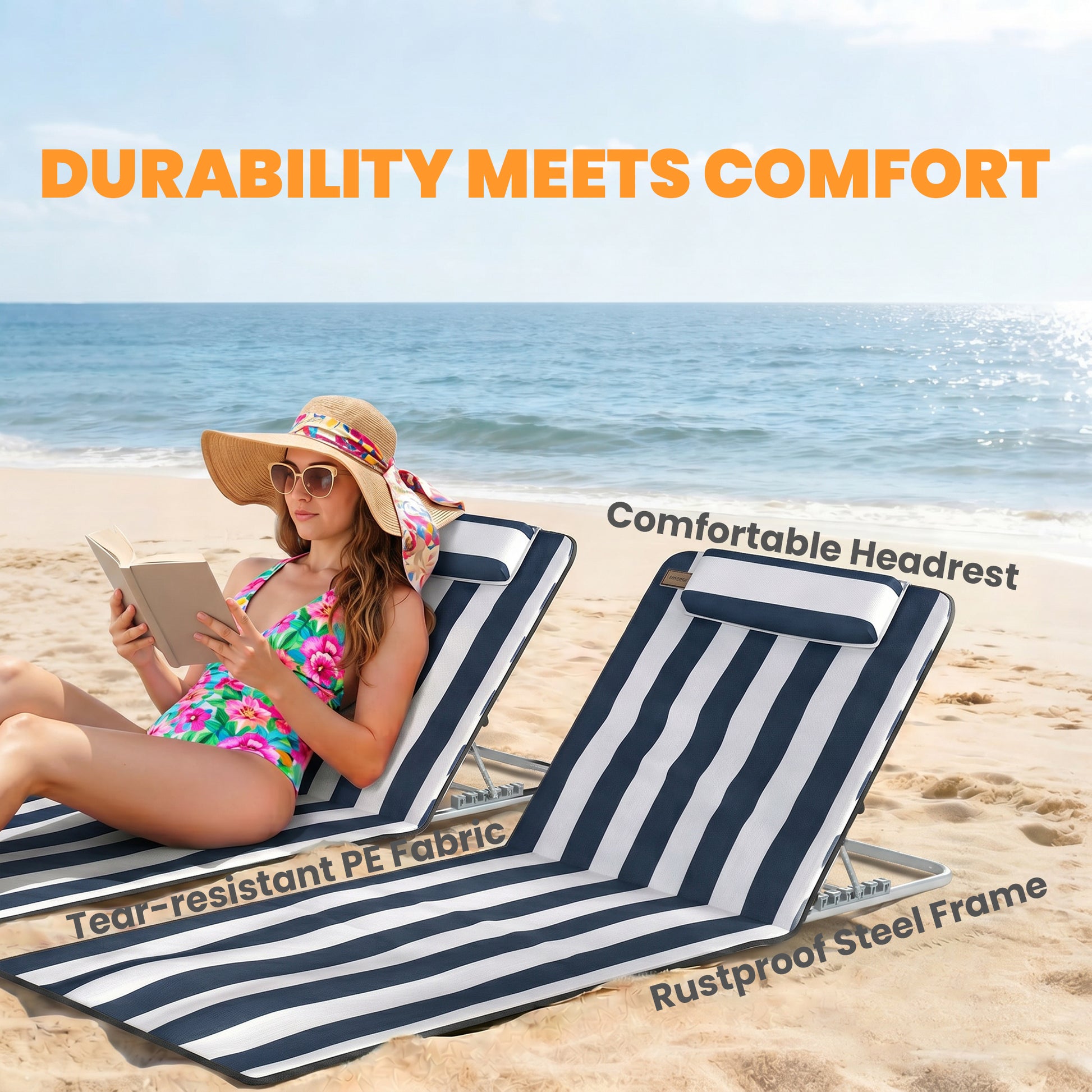 2 Pieces Beach Lounge Chair, Outdoor Folding Chaise Lounge Set w/ Pillow for Sunbath, Snap, Blue and White