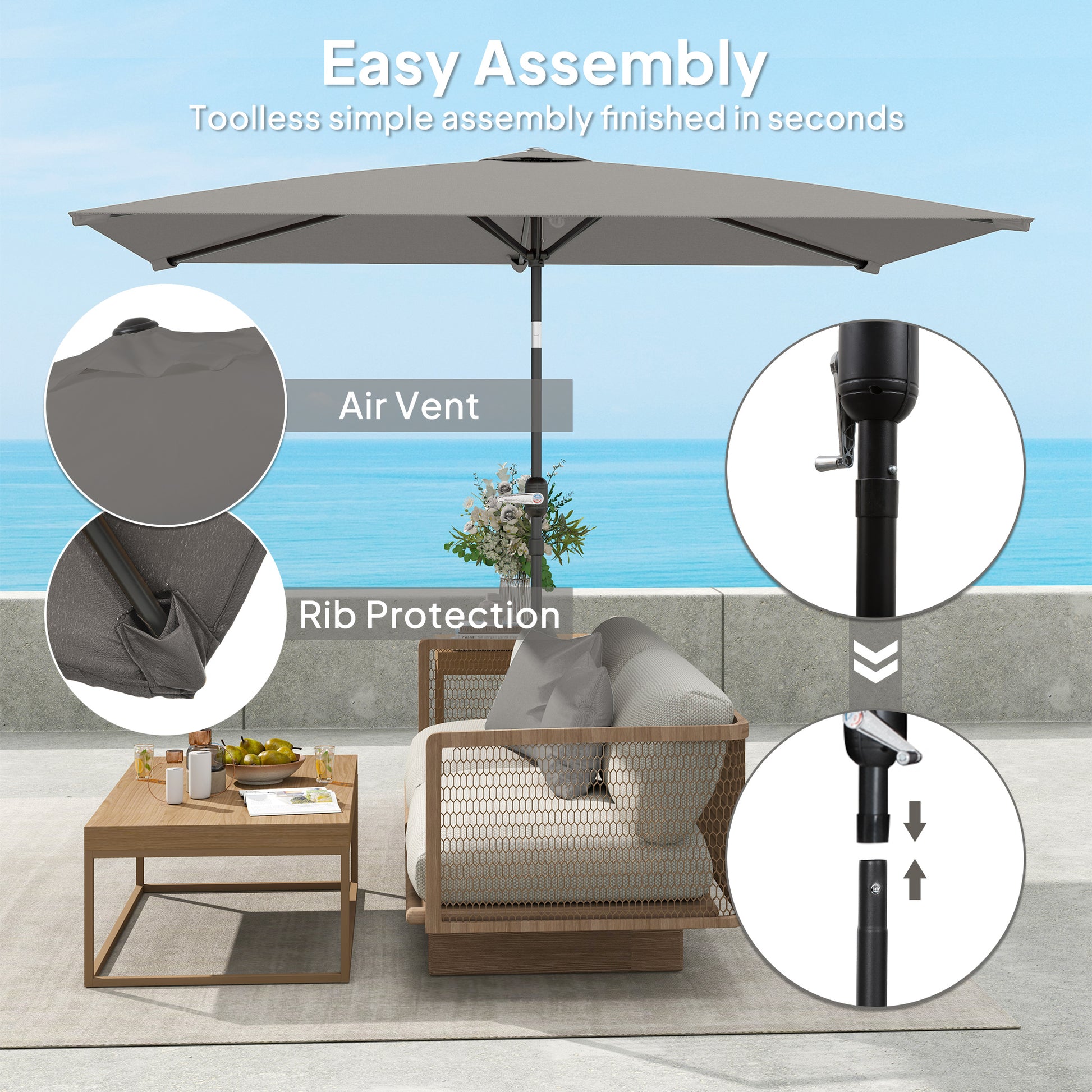 6.5x9.6ft Rectangle Aluminum Tilt Patio Umbrella, Garden Market Parasol, Outdoor Sunshade Canopy with Crank, Light Grey