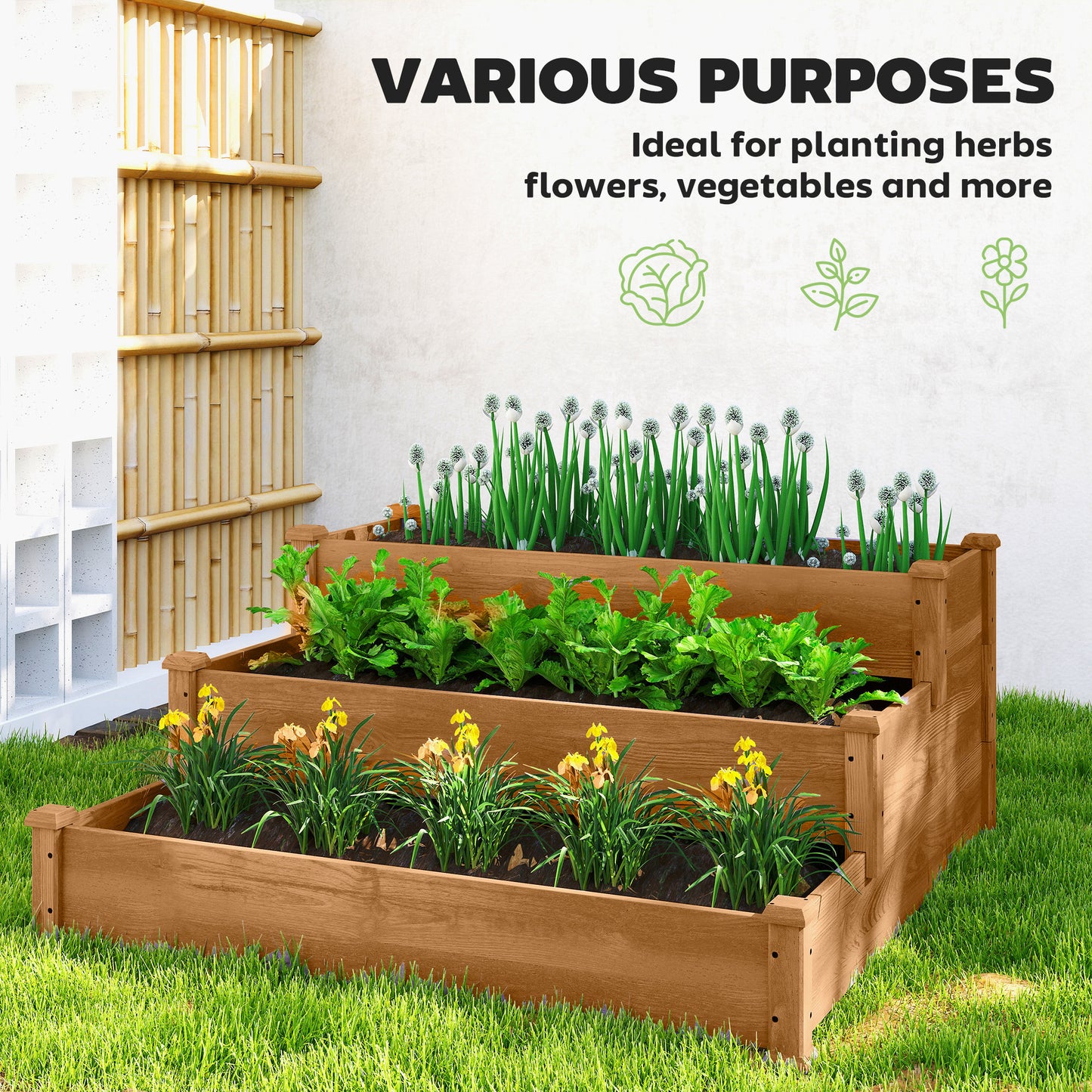 3-Tier Garden Bed Planter Box for Backyard, Patio, 49"x49"x22", Brown