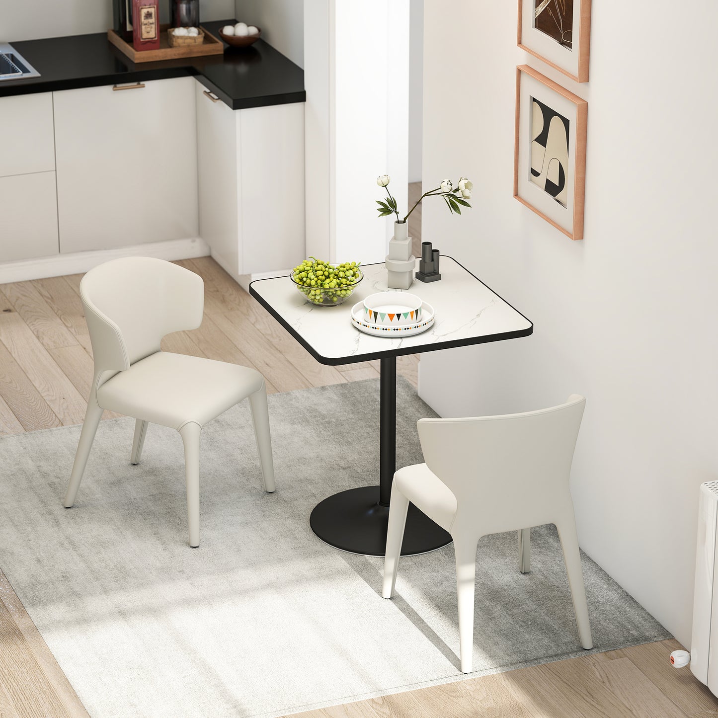 Dining Table for 4, Modern Kitchen Table with Marble Effect Tabletop and Round Base, White