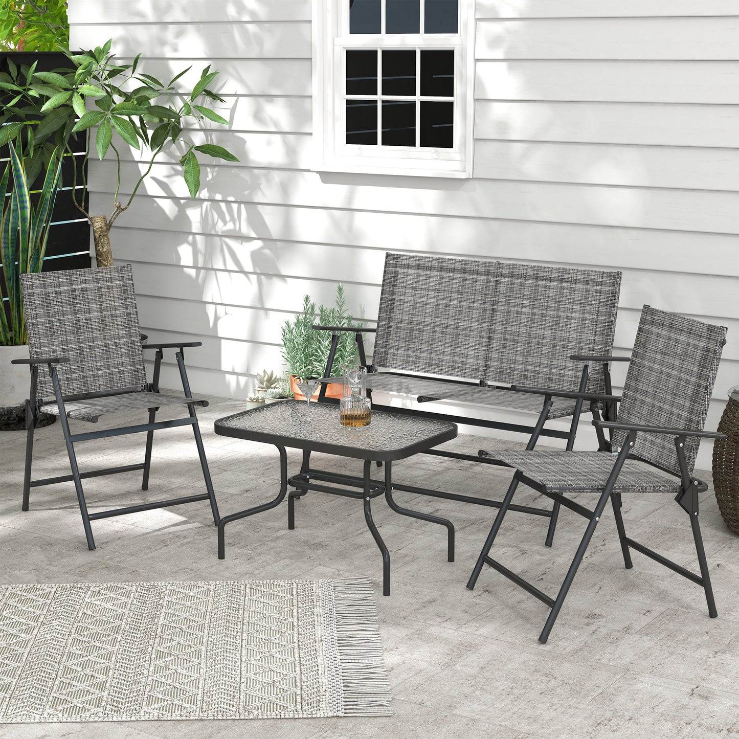 Outdoor 4 Pieces Patio Furniture Set, Garden Set with Two Foldable Armchairs, a Loveseat & Glass Top Table, Mixed Grey