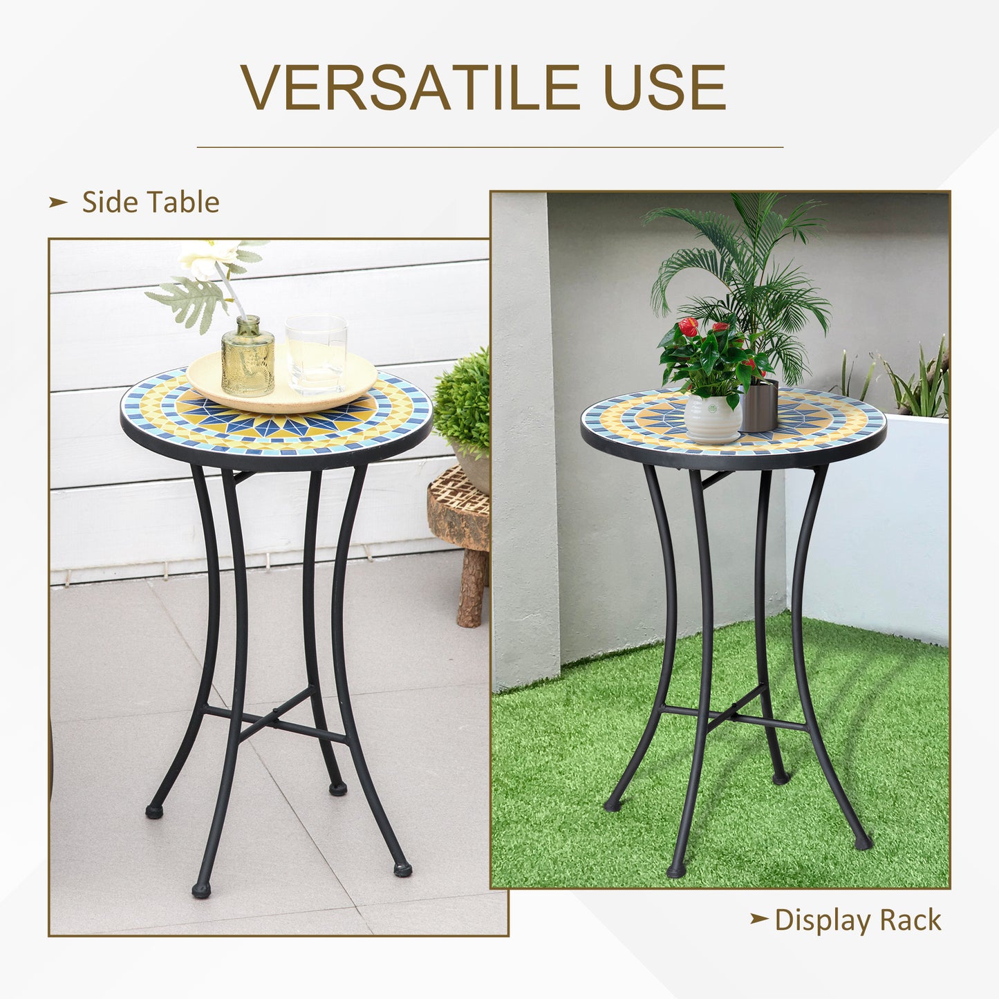 Mosaic Patio Table, Round Coffee Table with Metal Frame, Garden Furniture for Outdoor, Poolside, Yellow