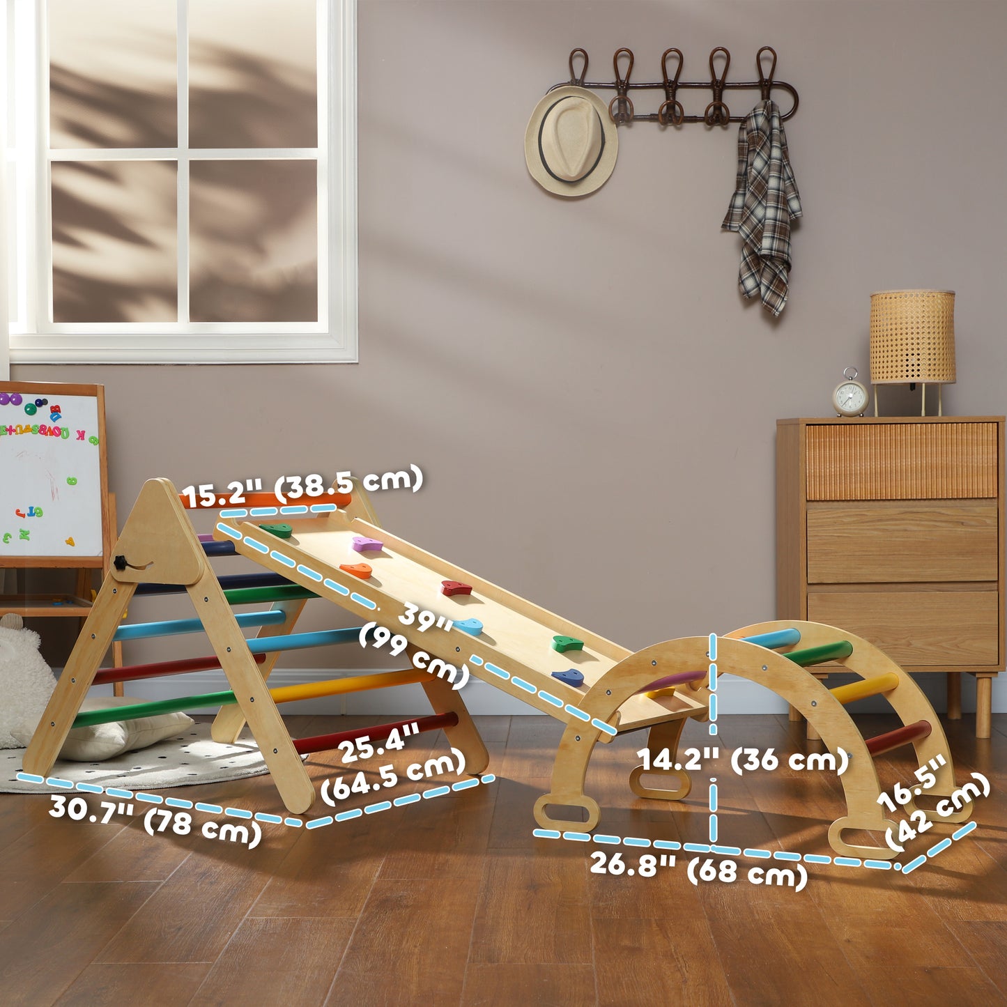 Qaba 5 in 1 Pikler Triangle Set with Ladder, Ramp, Arch, for 18-48 months, Multicolour