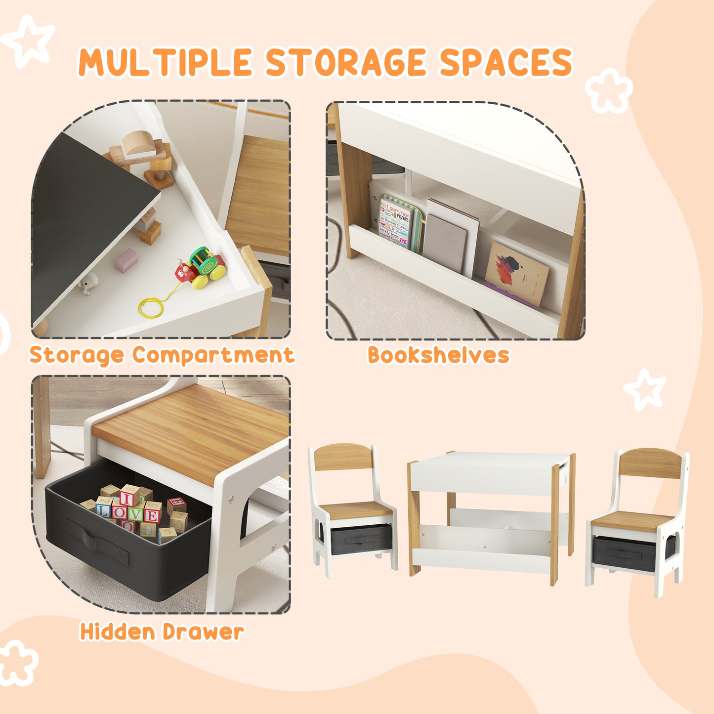 Qaba 3 Piece Kids Table and Chair Set with Reversible Tabletop, Blackboard, Storage, Bookshelf, for Playroom, Nursery Natural