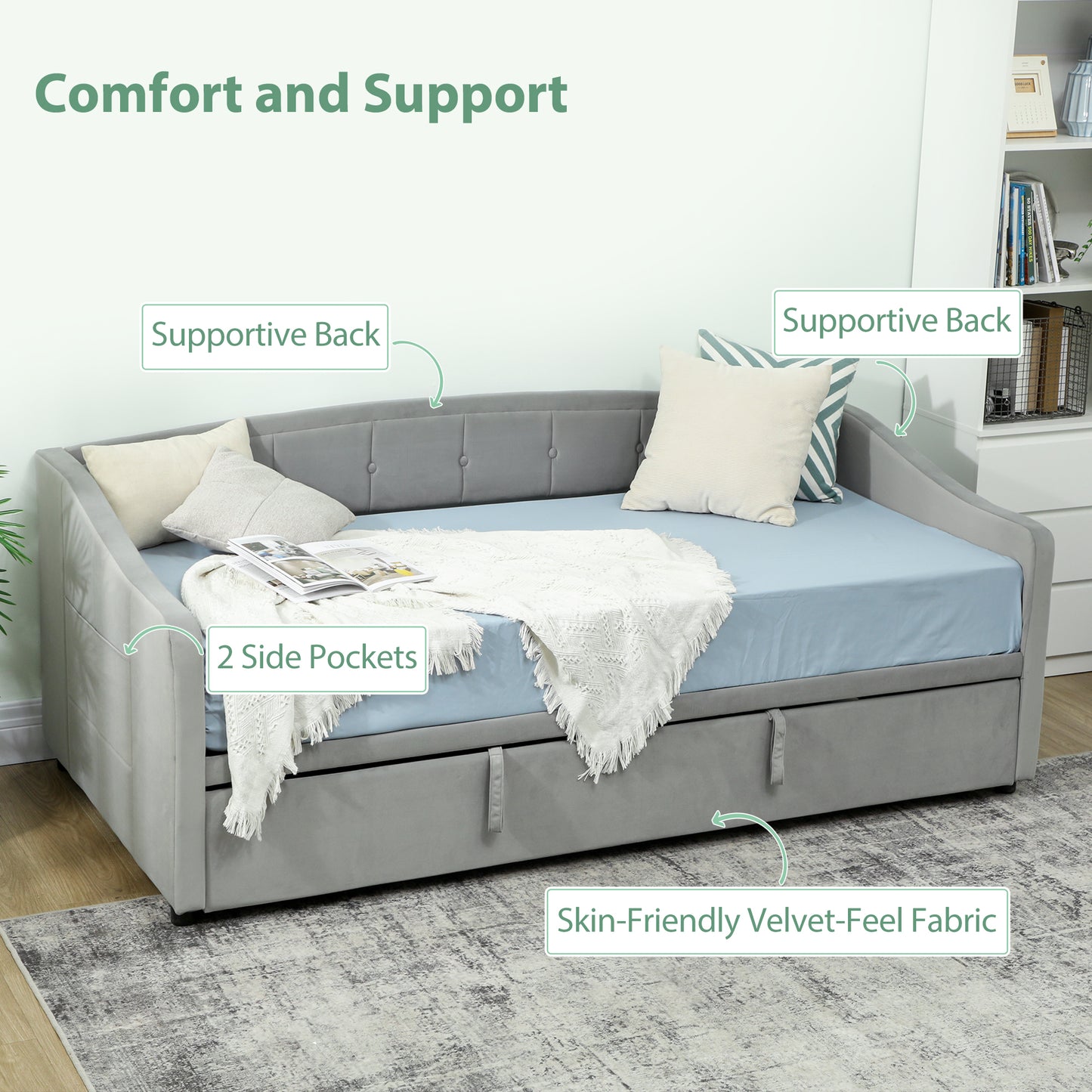 Upholstered Twin Size Trundle Bed, Velvet Twin to King Day Bed with Pop Up Trundle, Headboard and 2 Pockets, Light Grey