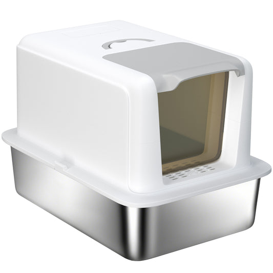 Stainless Steel Cat Litter Box w/ Removable Lid & Scoop, for Small to Large Cats, Easy to Clean, White