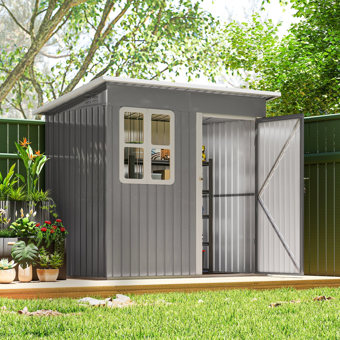 7' x 4' Galvanised Steel Outdoor Storage Shed, Garden Shed with Window, Lockable Wide Door and Air Vents, Dark Grey