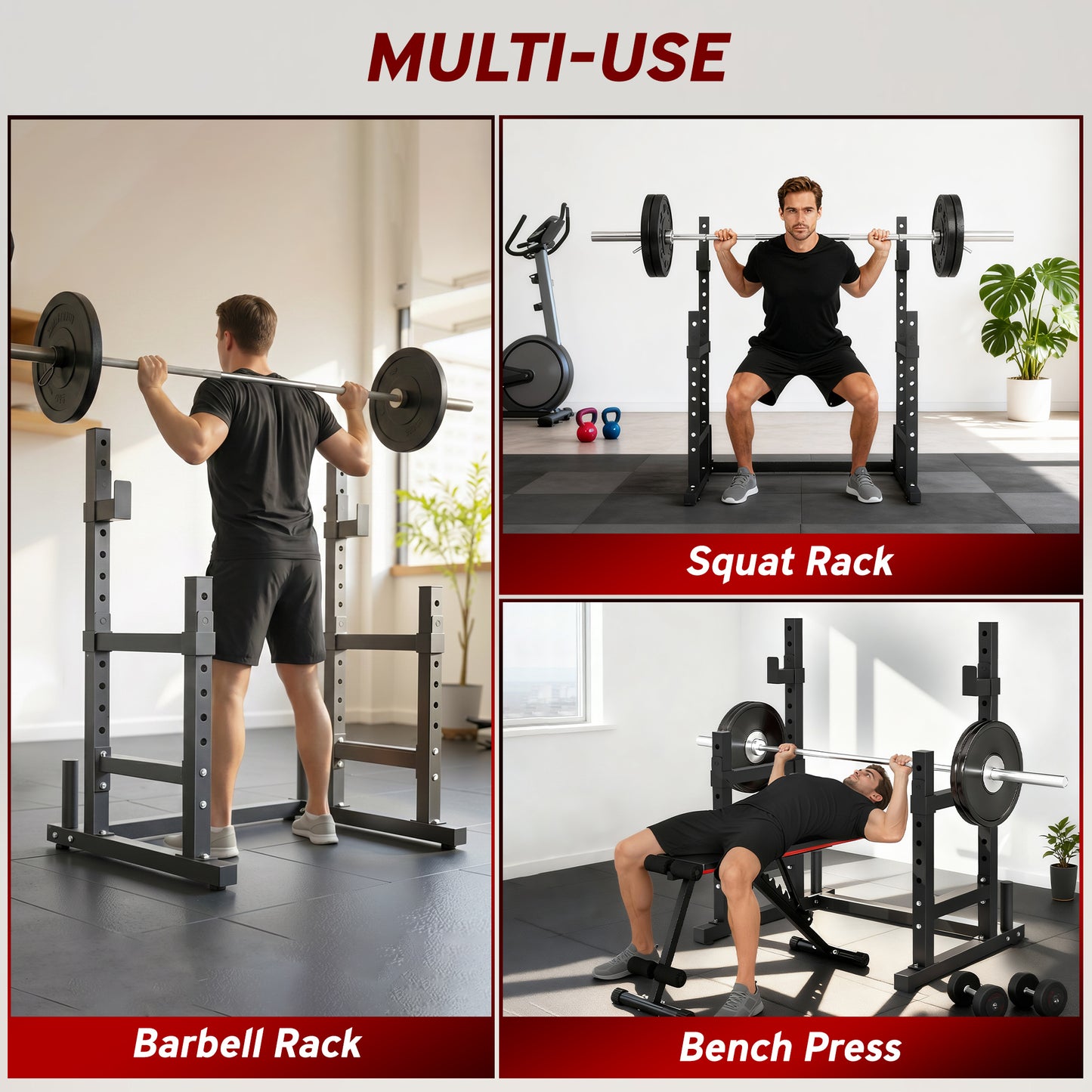 Soozier Adjustable Squat Rack, 660 lbs Multi-Function Barbell Rack for Weight Lifting and Home Gym Strength Training, Black