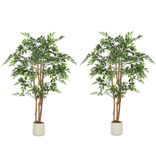 5FT Artificial Banyan Tree Set of 2, Fake Potted Tree with Solid Wood Trunk and Pot for Indoor