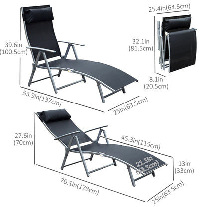 Heavy-duty Adjustable Folding Reclining Chair Outdoor Sun Lounger Patio Chaise Lounge Garden Beach Gravity Lounge with Pillow, 7 Adjustable Backrest Positions, Black