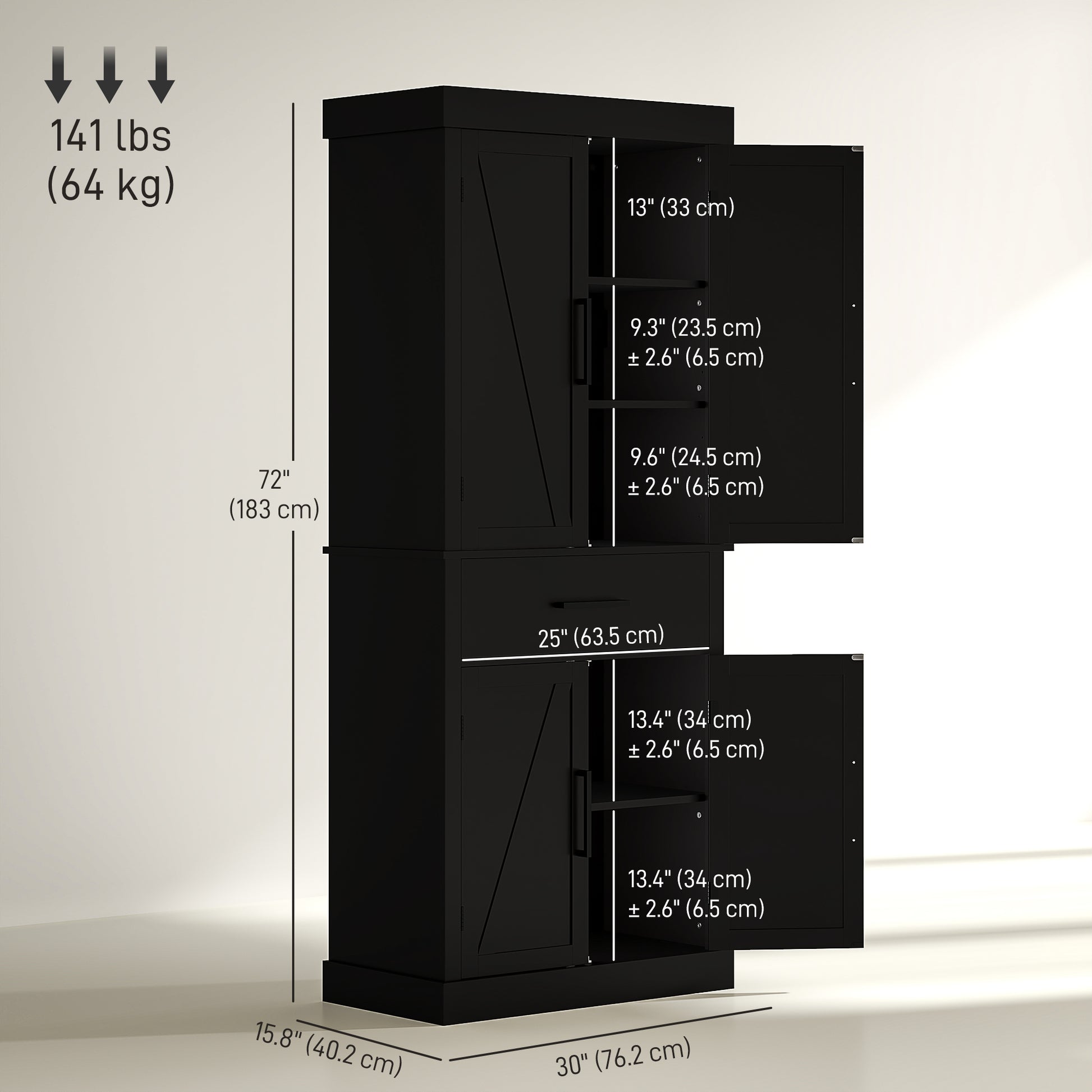 72" Kitchen Storage Cabinet, Farmhouse Kitchen Pantry Cabinet with 4 Barn Doors, Drawer, Adjustable Shelves, Black