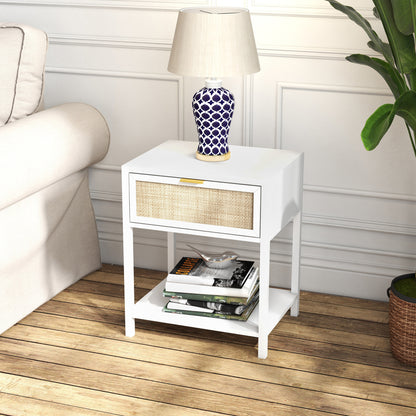 Boho Nightstand, Bedside Table with Rattan Drawer and Open Shelf, Side End Table for Bedroom, Living Room