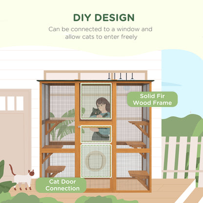 71" x 39" x 71" Cat Cage, Large Outdoor Wooden Cat Patio with 6 Balanced Platforms and Asphalt Roof, Orange