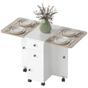 Drop Leaf Dining Table, Mobile Folding Table on Wheels with Drawers and Cabinet for Dining Room, Kitchen, White and Oak