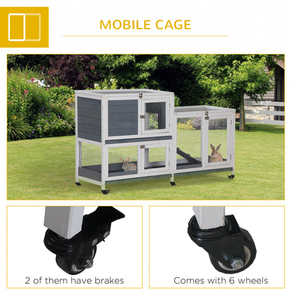 Wooden Rabbit Hutch Elevated Pet House Bunny Cage Small Animal Habitat with Slide-out Tray Lockable Door Openable Top for Indoor 58" x 18" x 35" Grey