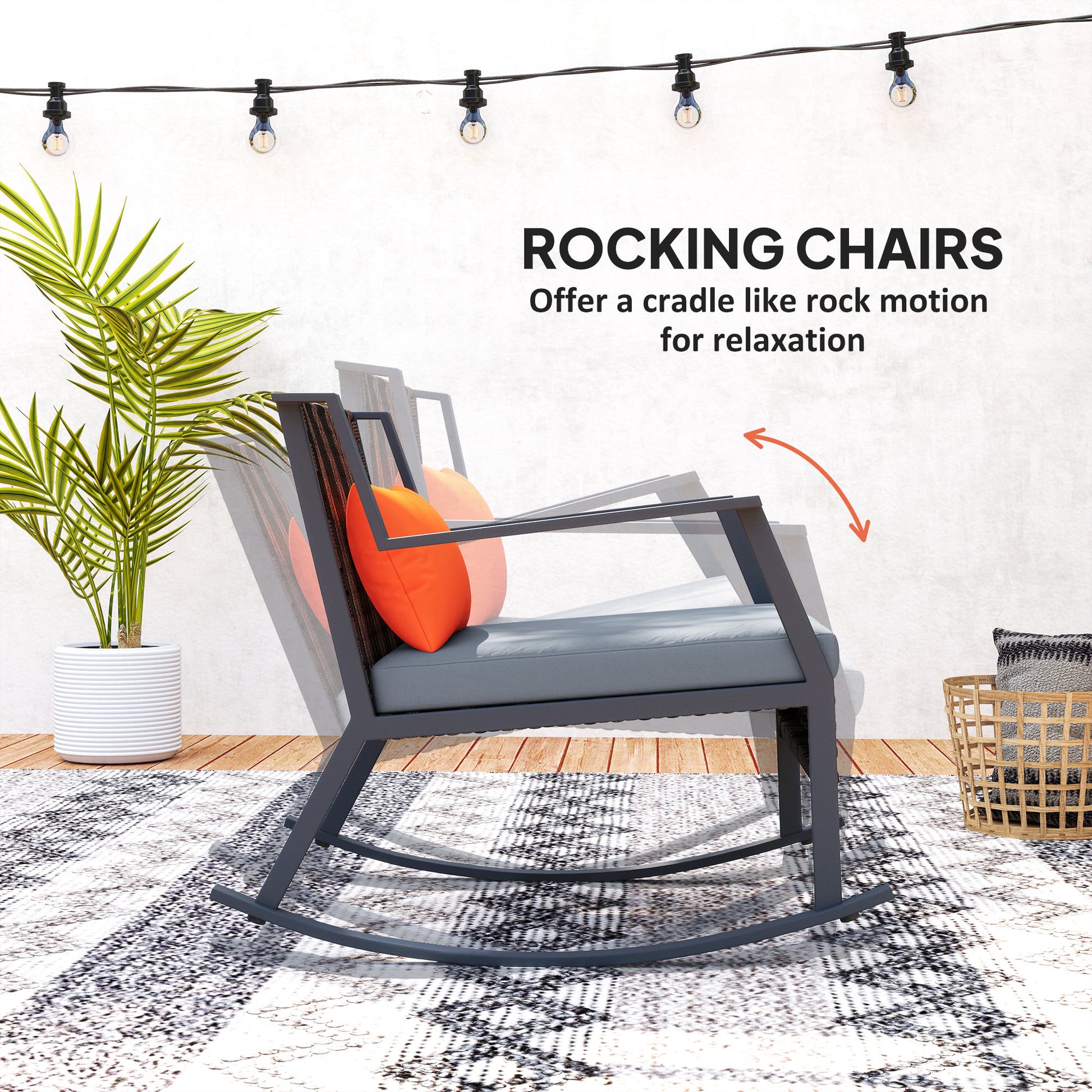 3 Pieces Rocking Bistro Set, Wicker Patio Furniture Set with Cushions and Glass Table for Porch, Balcony, Grey