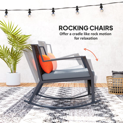 3 Pieces Rocking Bistro Set, Wicker Patio Furniture Set with Cushions and Glass Table for Porch, Balcony, Grey