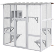 Large Outdoor Catio with Weatherproof Roof, Bridge, Resting Box, Platforms, White