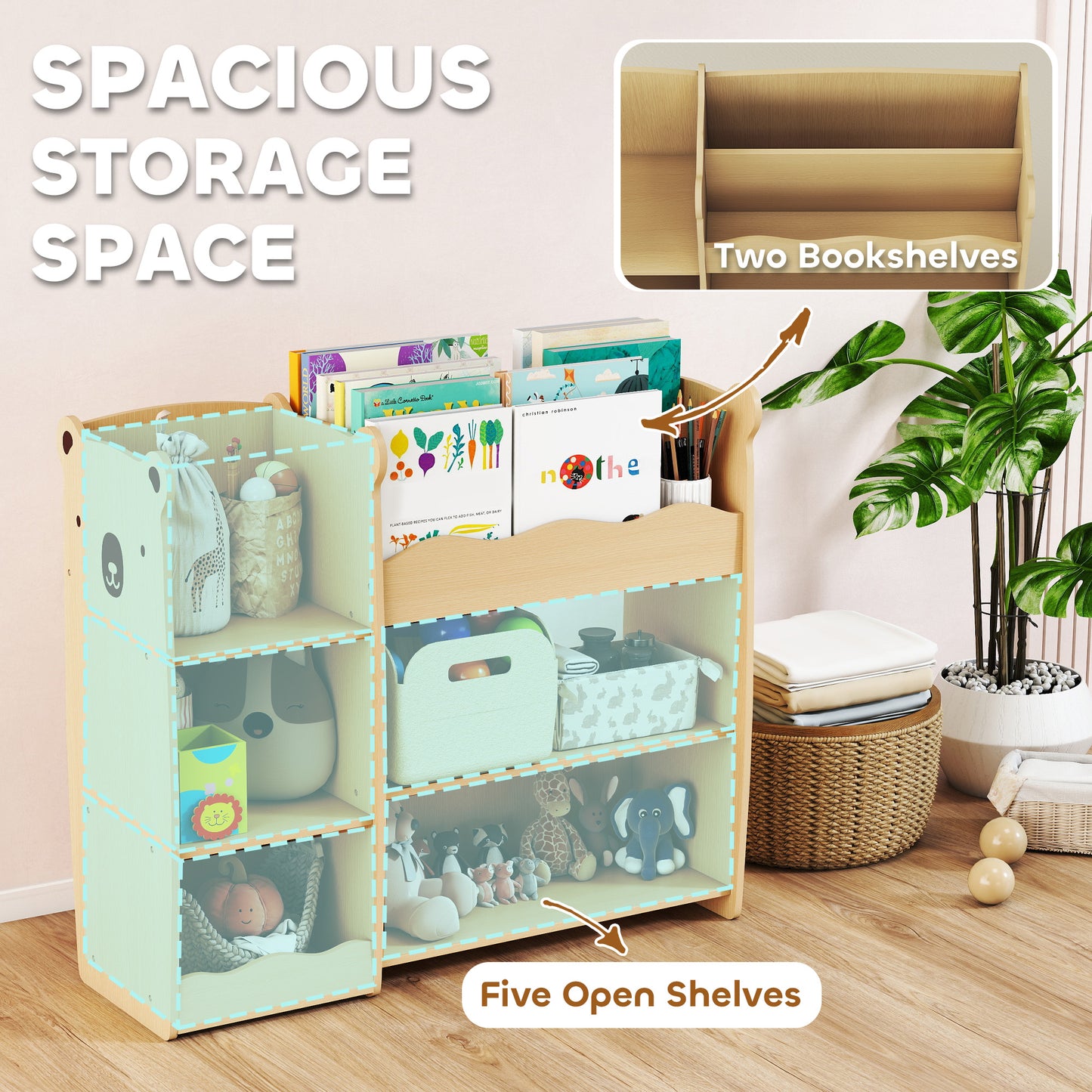 Qaba Kids Bookshelf and Toy Storage Organizer, 3 Tier Montessori Toy Organizer with Open Display for Nursery, Natural