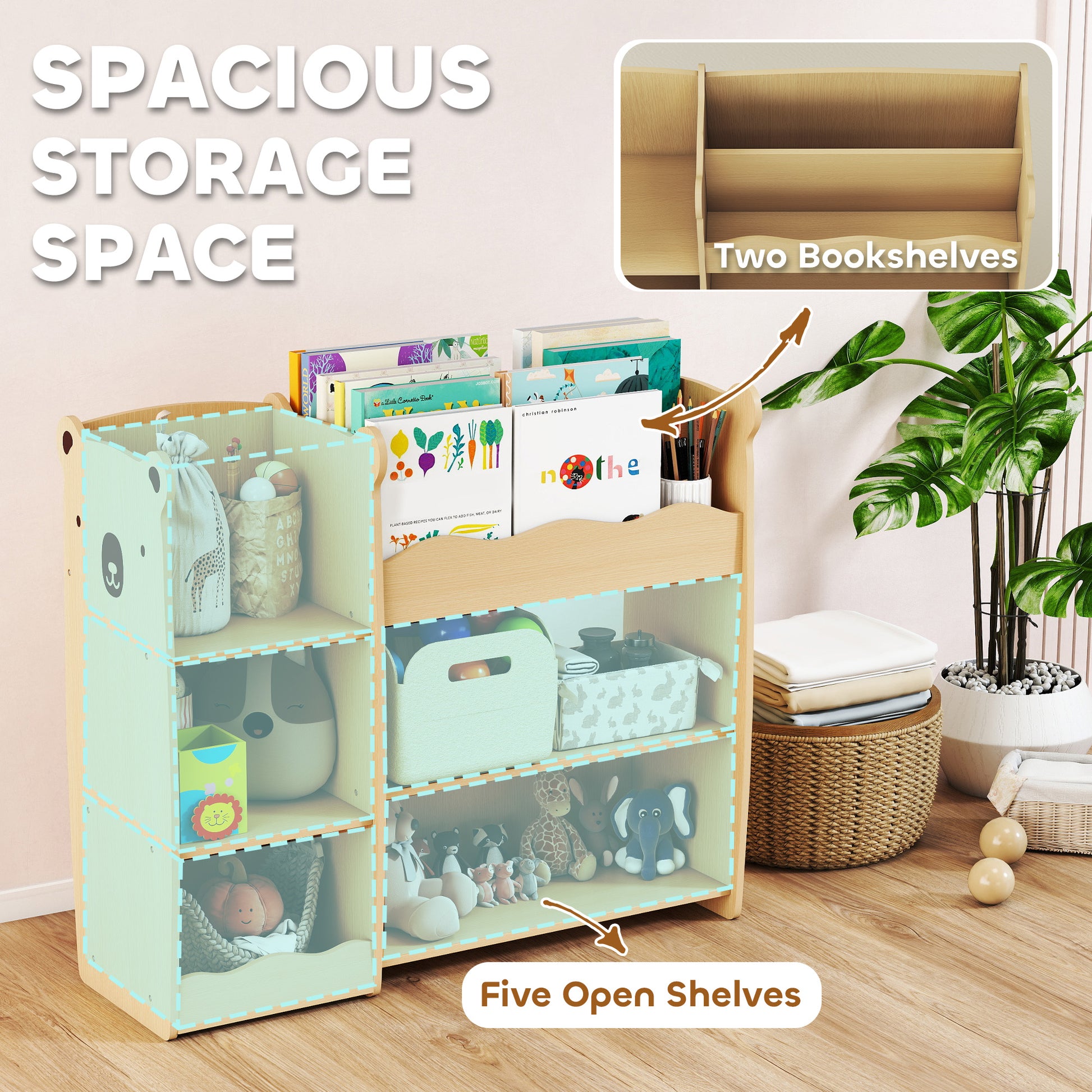 Qaba Kids Bookshelf and Toy Storage Organizer, 3 Tier Montessori Toy Organizer with Open Display for Nursery, Natural
