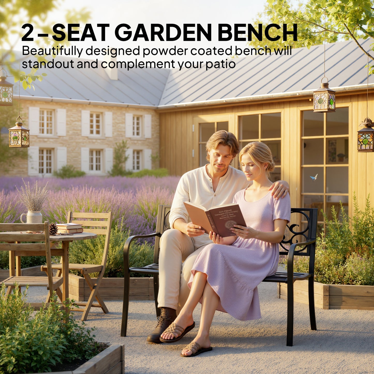 Garden Bench Outdoor Loveseat with Vintage Floral Pattern Cast Metal, 50" x 23.6" x 35", Black