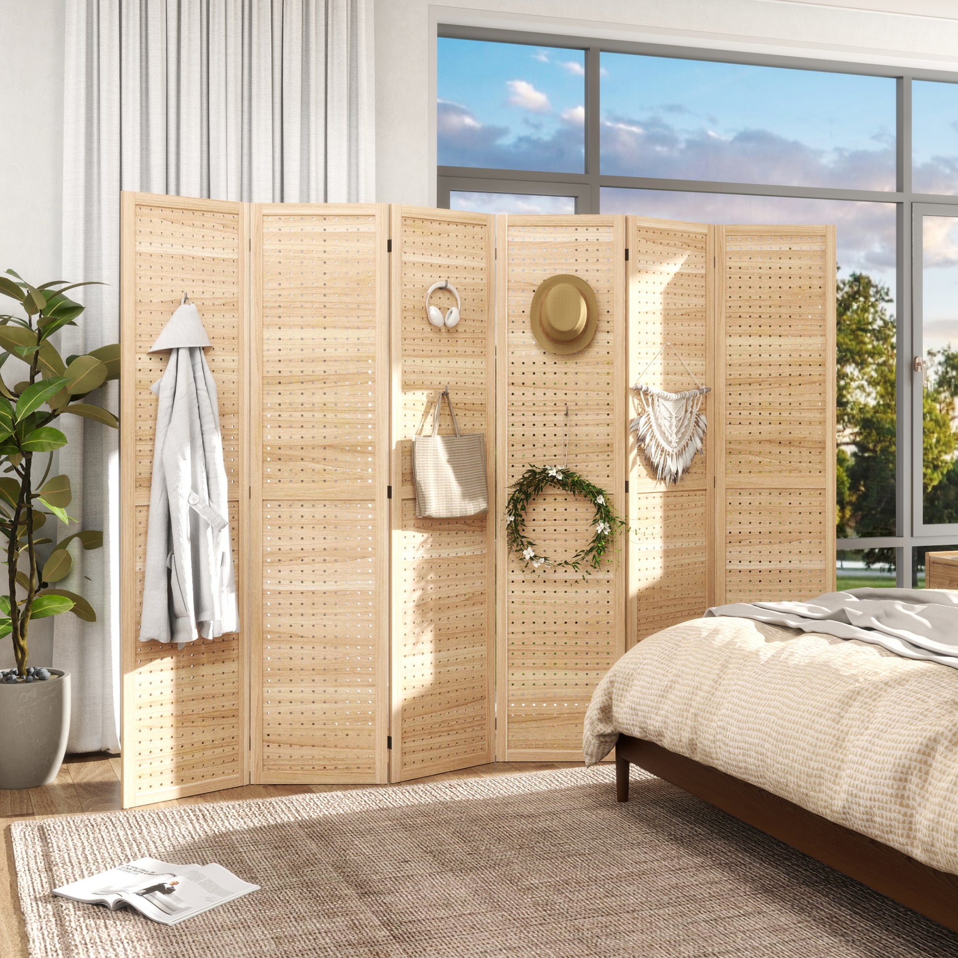 5.6 Ft. Tall 6-Panel Room Divider, Pegboard Panel Freestanding Folding Privacy Screen Panels, Partition Wall Divider for Indoor Bedroom Office, Natural