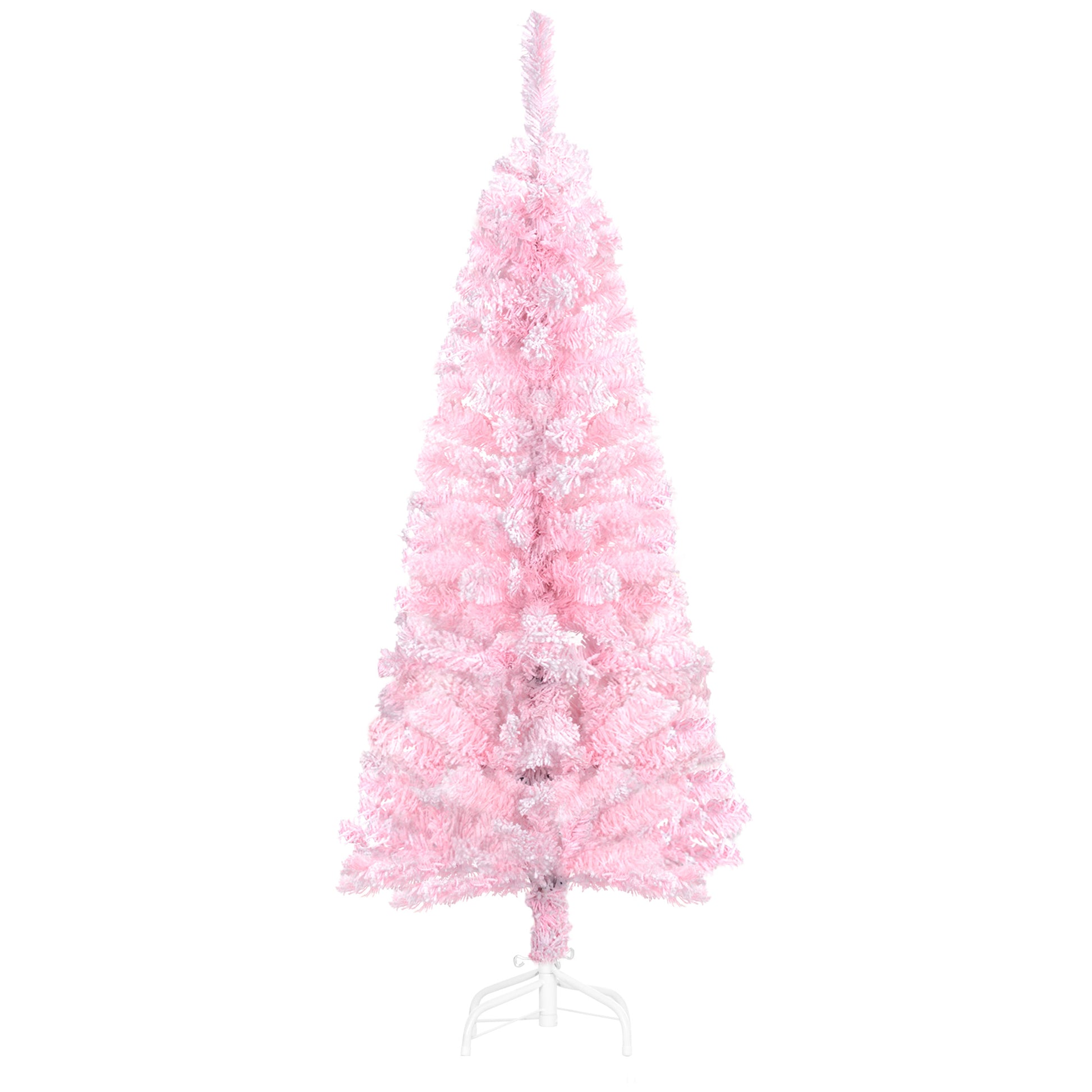 4 ft Flocked Pencil Christmas Tree, Artificial Christmas Tree with Realistic Branches, Auto Open and Steel Base, Pink