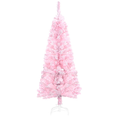 4 ft Flocked Pencil Christmas Tree, Artificial Christmas Tree with Realistic Branches, Auto Open and Steel Base, Pink