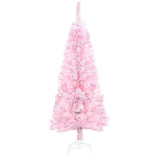 4 ft Flocked Pencil Christmas Tree, Artificial Christmas Tree with Realistic Branches, Auto Open and Steel Base, Pink