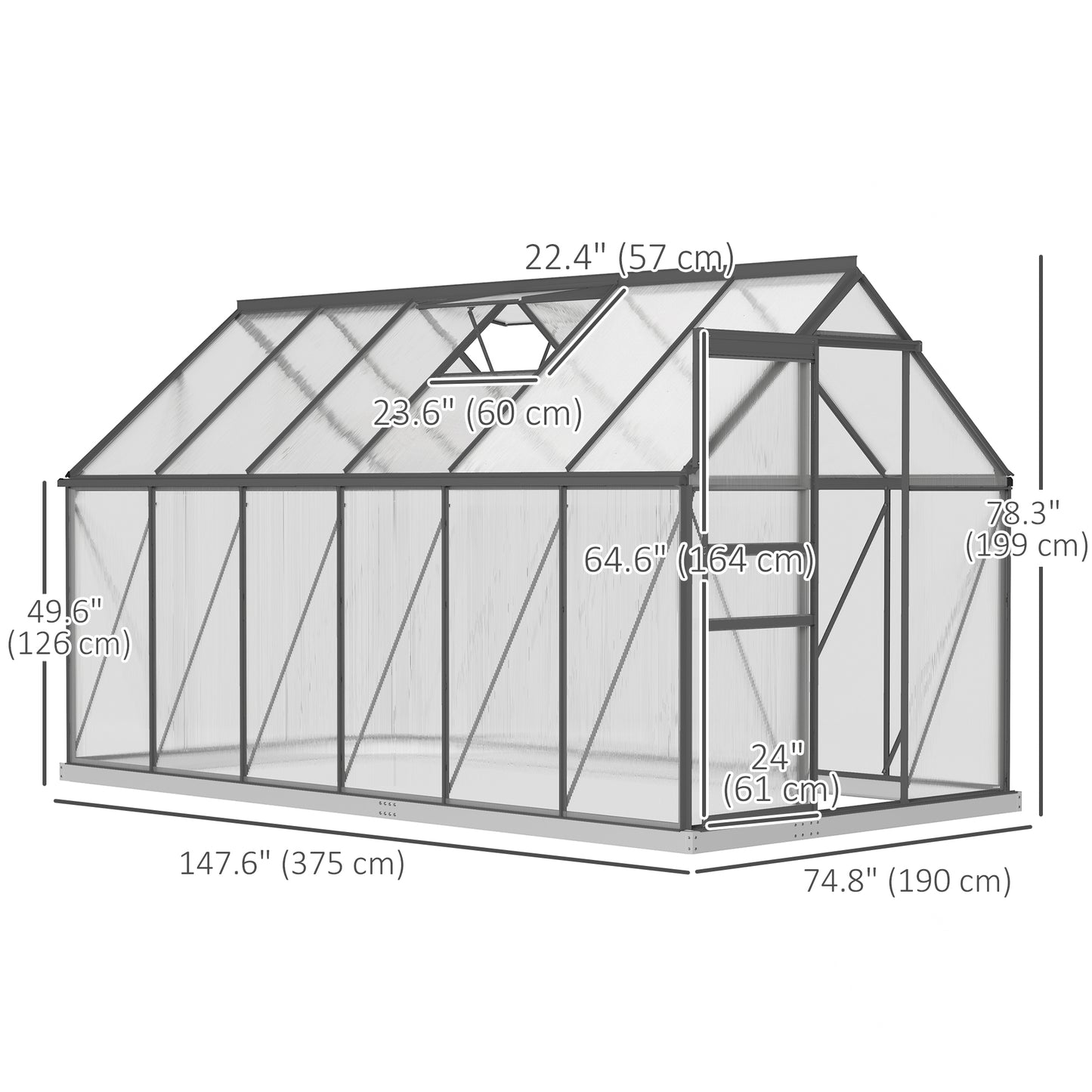 6' x 12' x 6.5' Polycarbonate Greenhouse, Walk-in Green House with Adjustable Roof Vent Galvanized Base Sliding Door Rain Gutter for Outdoor Garden Backyard, Charcoal Grey
