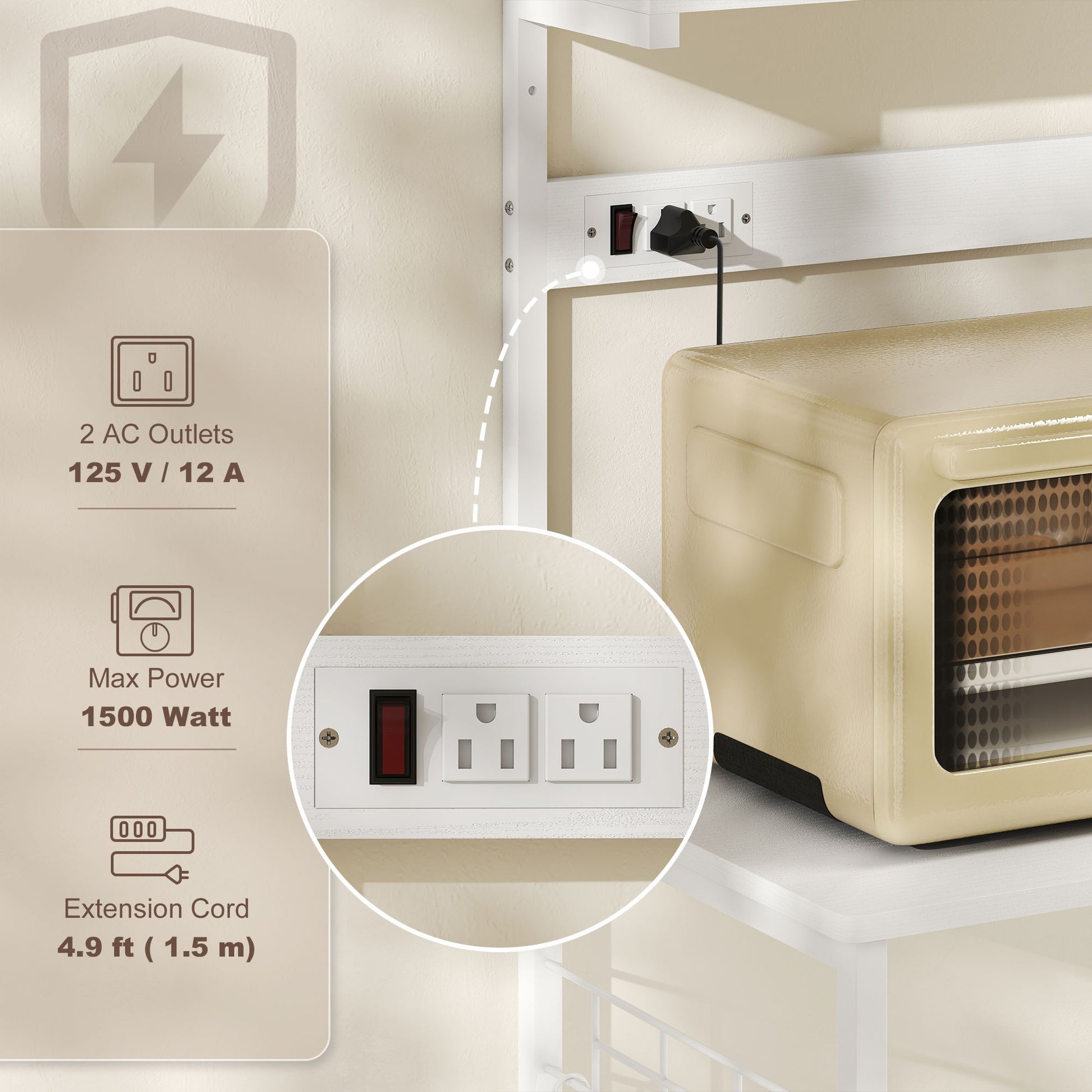 Kitchen Baker's Rack with Power Outlet, Coffee Bar Station with Adjustable Shelves and Hooks, Distressed White