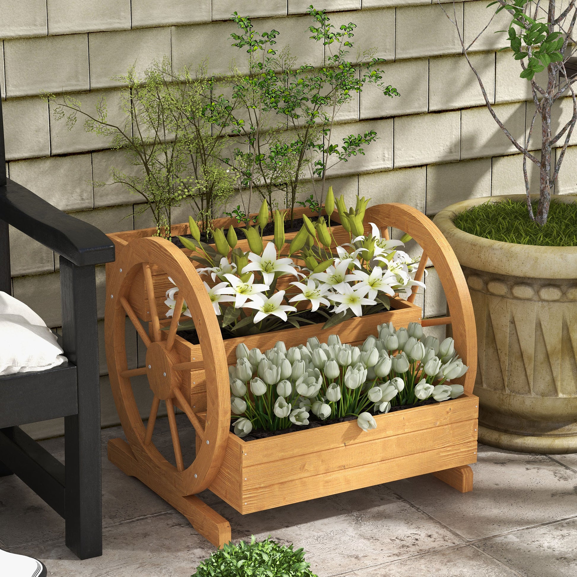 Wooden Wagon Planter Box, 3-Tier Raised Garden Bed, for Vegetables Flowers Herbs, 24" x 24" x 22"