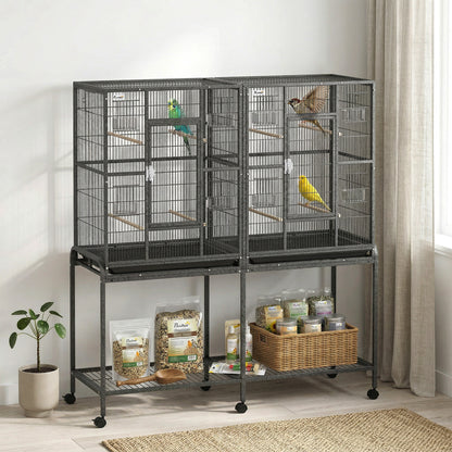 56"H Bird Cage, Parrot Cage w/ Detachable Rolling Stand, Removable Tray, Storage Shelf, Perches, Food Container