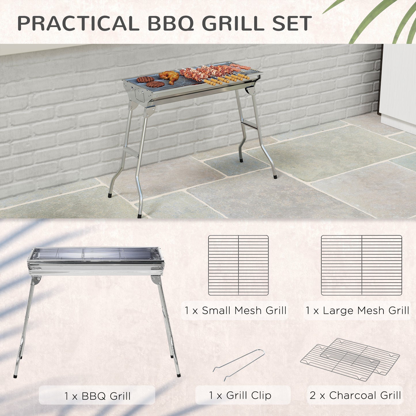 Stainless Steel Charcoal BBQ Grill, Portable Barbecue Grill with Handles for Outdoor, Cooking, Camping, Picnic