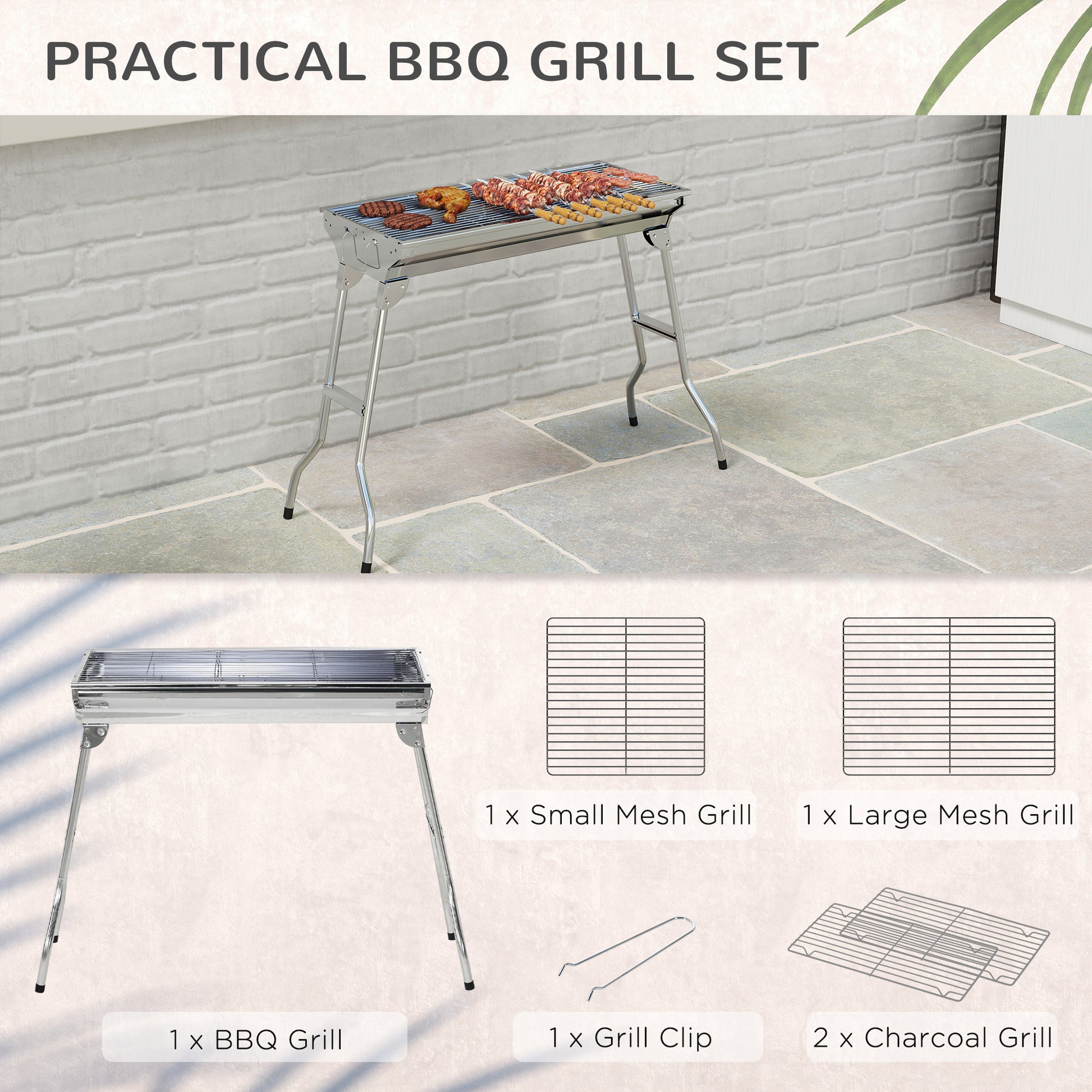 Stainless Steel Charcoal BBQ Grill, Portable Barbecue Grill with Handles for Outdoor, Cooking, Camping, Picnic