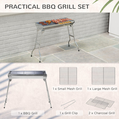 Stainless Steel Charcoal BBQ Grill, Portable Barbecue Grill with Handles for Outdoor, Cooking, Camping, Picnic