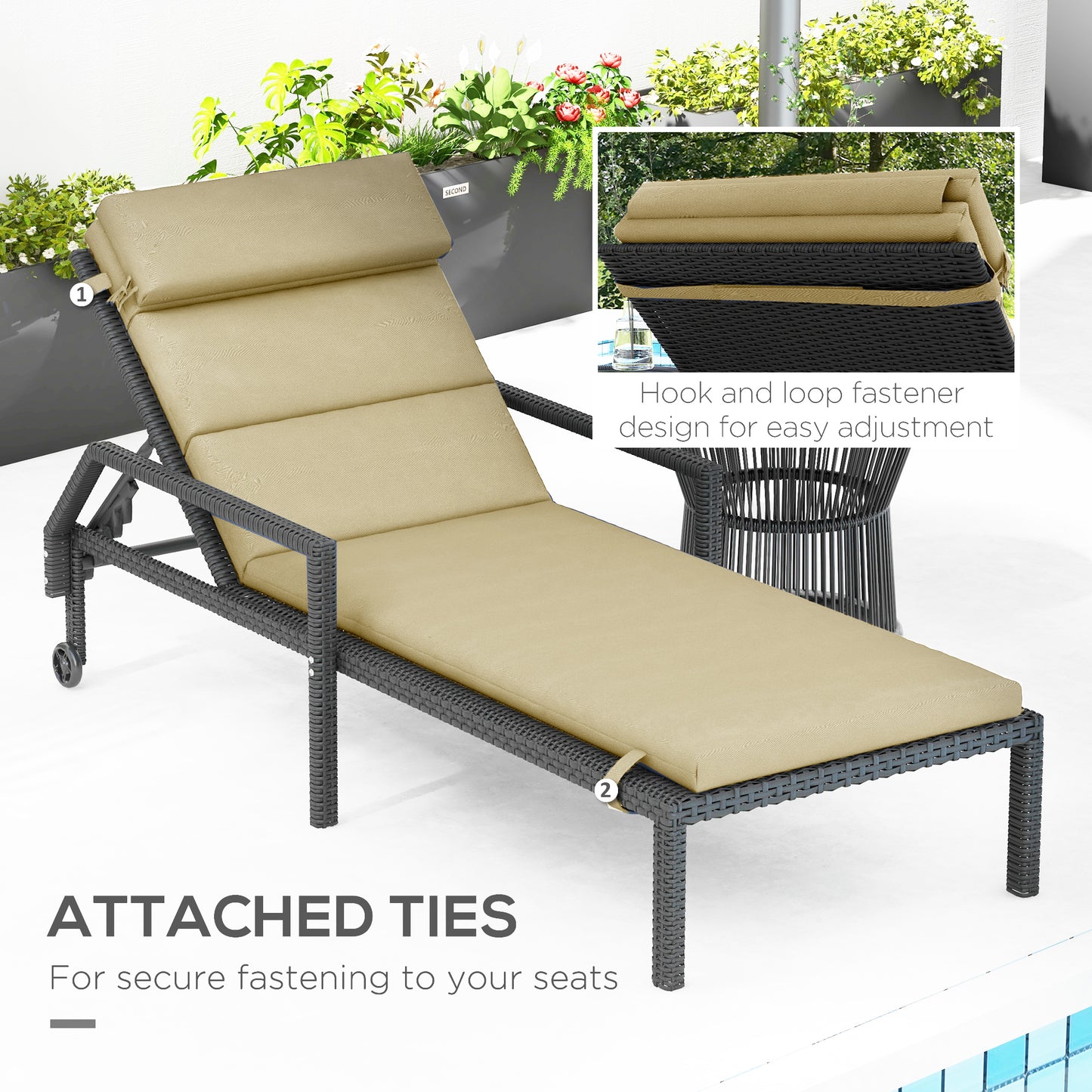 Patio Chaise Lounge Chair Cushion Replacement Sun Lounger Pads with Headrest and Ties, Beige